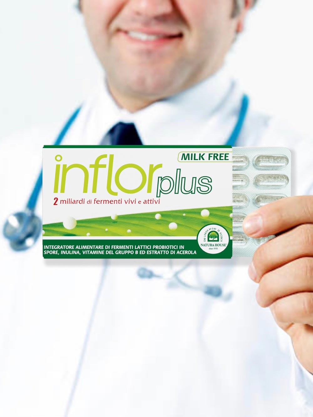 INFLOR PLUS Probiotic Lactic Ferments in Live and Active Spores (2 Billion), prebiotic, Vitamins C and group B